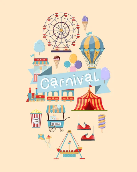 Vertical flyer template for carnival or festival with ferris wheel, piret ship, amusement train ride, circus tent, air balloon and more. — Stock Vector