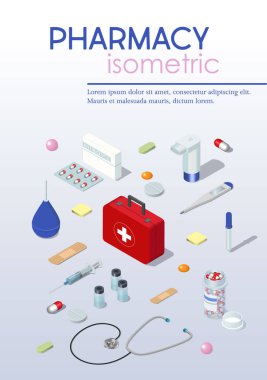 Isometric Icons ile eczane Posteri. Tıbbi veya sağlık hizmeti sunumu için vektör illüstrasyonu.