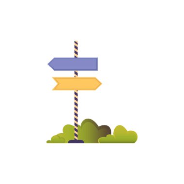 Çalılıklarda işaret direği var. Düz illüstrasyon beyaz arkaplanda izole edildi. Eğlence parkı konsepti.