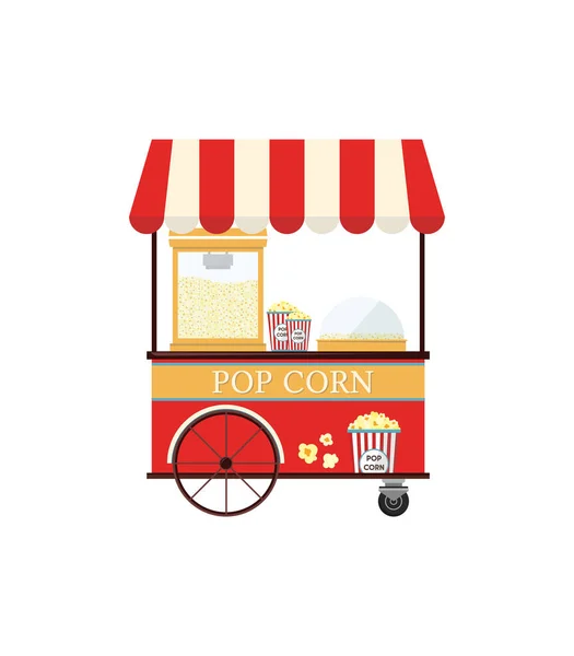 Tienda de carnaval de palomitas de maíz aislada sobre fondo blanco. Parque de atracciones mercado de alimentos. Ilustración vectorial plana. — Archivo Imágenes Vectoriales