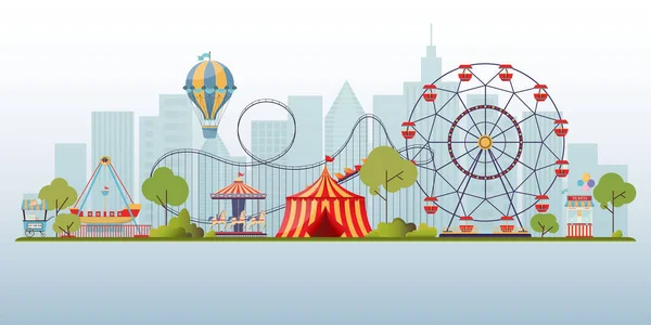 Векторный фон парка развлечений. Городской пейзаж с каруселью, американские горки и воздушный шар. Векторная иллюстрация карнавала. — стоковый вектор