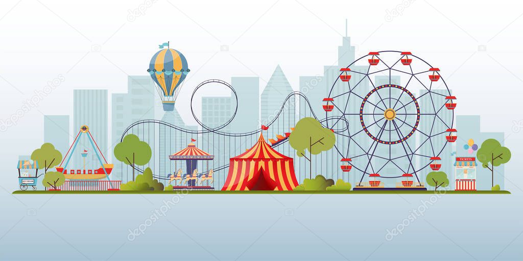 Vector background of amusement park. Urban landscape with carousels, roller coaster and air balloon. Carnival theme vector illustration.