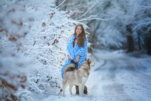 Μια νεαρή γυναίκα στο δάσος περπατώντας ένα καθαρόαιμο κατοικίδιο ζώο husky φυλή — Φωτογραφία Αρχείου