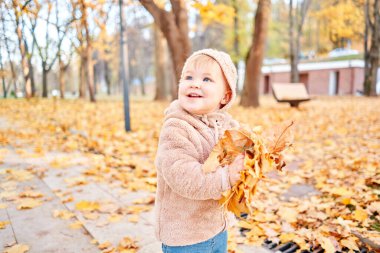 Sarı Sonbahar Parkı. Yaprak düşer ve sarı yapraklar dökülür. 1 yaşında tatlı bir kızın portreleri. güneşli bir gün.