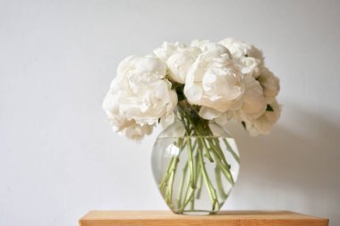 Cam vazoda beyaz şakayıklar. Katalog ya da internet mağazası için güzel şakayık çiçekleri. Çiçek dükkanı konsepti. Taze kesilmiş güzel bir buket. Çiçek teslimatı