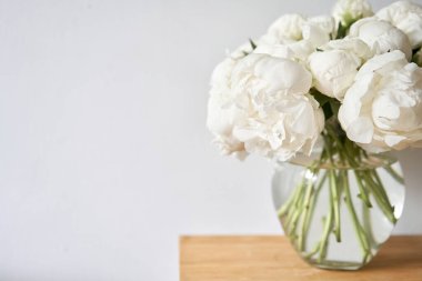 Cam vazoda beyaz şakayıklar. Katalog ya da internet mağazası için güzel şakayık çiçekleri. Çiçek dükkanı konsepti. Taze kesilmiş güzel bir buket. Çiçek teslimatı