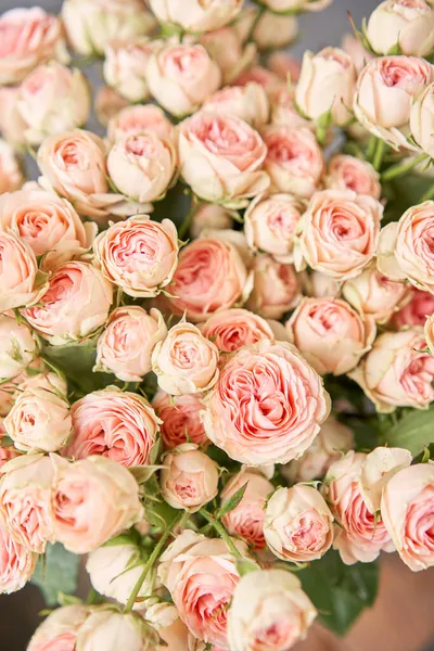 Floral carpet, flower texture, shop concept. Beautiful fresh blossoming flowers roses, spray roses. Blossom in vases and pails. Top view. — Stock Photo, Image