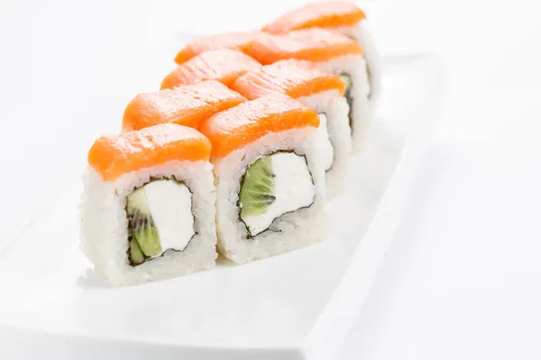 Japanese food, tasty of meal for lunch. Seafood. Philadelphia roll, salmon, soft cheese and kiwi — Stock Photo, Image