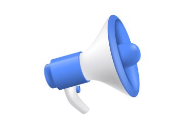 Mavi bir megafonun vektör çizimi, düz bir arkaplanda üç boyutlu hoparlör.