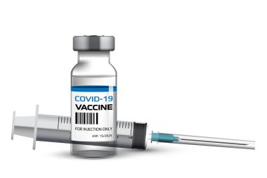 Bir Covid-19 aşı ampulünün, sade bir arka planda şırıngası olan vektör çizimi