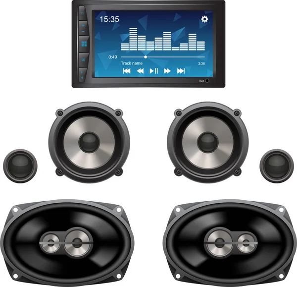 Car Audio Components Loud Speakers Audio Player Plain Background — Wektor stockowy