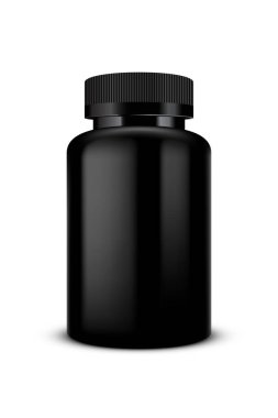Vector illustration of a black plastic bottle of a pills, package template on a plain background