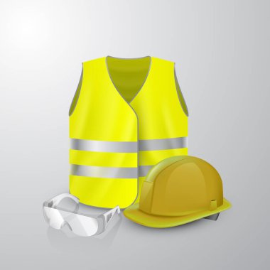 İş yerinde güvenlik, yansıtıcı yelek, arka planda koruyucu gözlük ve kask.