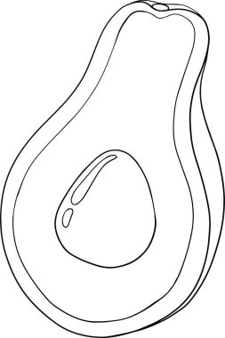 Avokado simgeleri. Tam meyve ya da sebze, yarısı, dilimler, büyük bir tohumla. Sağlıklı bir diyet için yiyecek. Vektör renklendirme sayfaları.