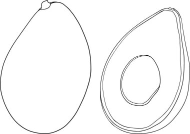 Avokado simgeleri. Tam meyve ya da sebze, yarısı, dilimler, büyük bir tohumla. Sağlıklı bir diyet için yiyecek. Vektör renklendirme sayfaları.