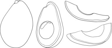 Avokado simgeleri. Tam meyve ya da sebze, yarısı, dilimler, büyük bir tohumla. Sağlıklı bir diyet için yiyecek. Vektör renklendirme sayfaları.