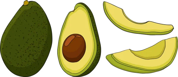 Avocado Iconen Ingesteld Helder Groen Hele Groenten Fruit Helft Plakjes — Stockfoto