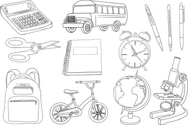 Küre, okul otobüsü, mikroskop, defter, kalemler, hesap makinesi, çalar saat, sırt çantası, bisiklet, makas. Okula dönüş hakkında vektör çizimi. Okul malzemeleriyle boyama sayfası. Vektör illüstrasyonu