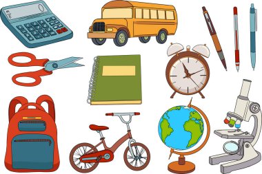 Globe, school bus, microscope, notebook, pens, calculator, alarm clock, backpack, bicycle, scissors. Vector illustration about back to school. . Vector illustration