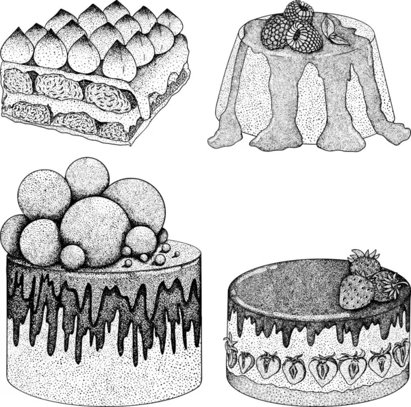 Delicious Sweets Desserts Hand Drawn Illustrations Popular Traditional Desserts Vector — Archivo Imágenes Vectoriales