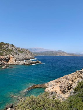 View of Mirabello bay, Crete, Greece. Turquoise waters of mediterranean sea with cliffs. High quality photo