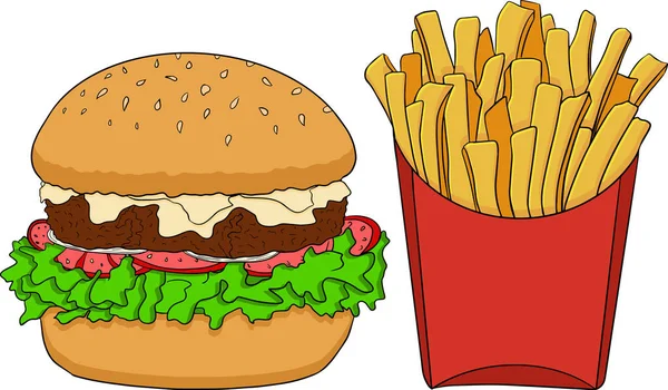 Fast Food Düz Sokak Yiyeceklerinin Renkli Çizimi Vektör Illüstrasyonu — Stok Vektör