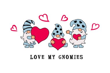 Kalpli üç cüce beyaz arka planda. Sevgililer günü kartı. Vektör illüstrasyonu.