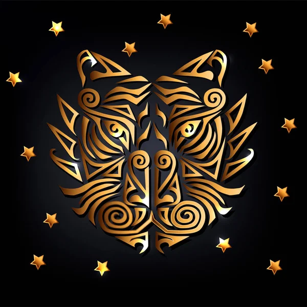 Symbol För 2022 Nyår Gyllene Tigerhuvud Med Stjärnor Isolerade Svart — Stock vektor