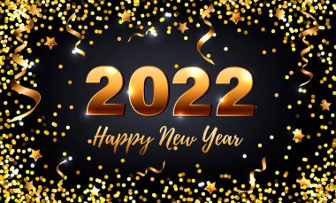 Siyah arka planda altın konfeti olan yeni yıl kartın kutlu olsun. Vektör illüstrasyonu