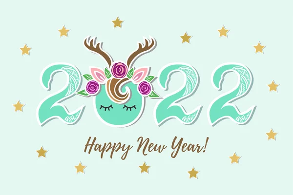 Vector Illustration 2022 Deer Tiara Eyes Happy New Year Postcard — Stock Vector