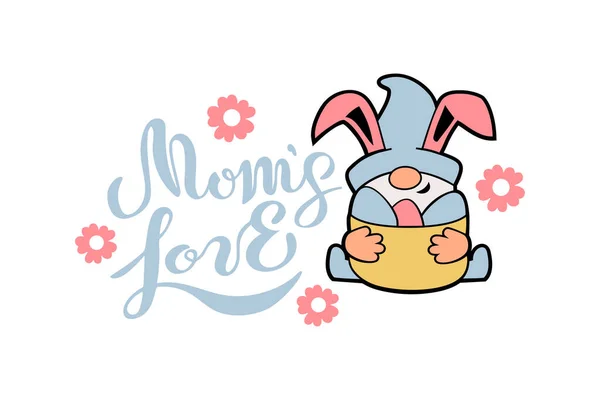 Mom Love Hand Drawn Lettering Gnome Rabbit Ears Eggs White — Stock Vector