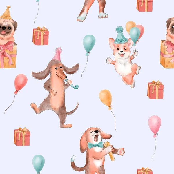 Padrão Sem Costura Com Corgi Pug Beagle Dachshund Balões Presentes — Fotografia de Stock