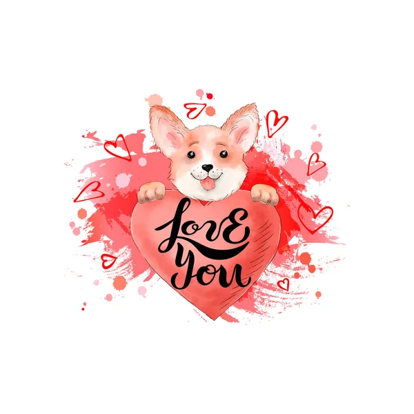 Handwritten Lettering Love You Corgi Dog Heart Illustration — Stockfoto