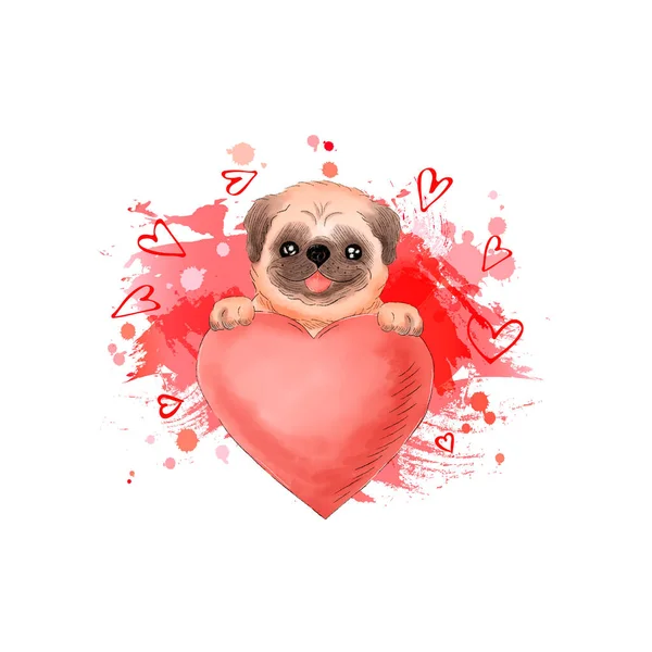 Hand Painted Pug Dog Heart Place Text Happy Valentines Day — Stock Photo, Image