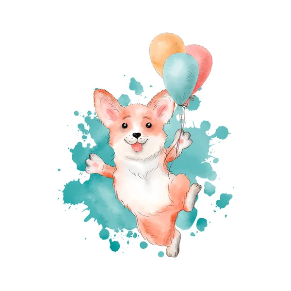 Cão Corgi Com Balões Ilustração — Fotografia de Stock