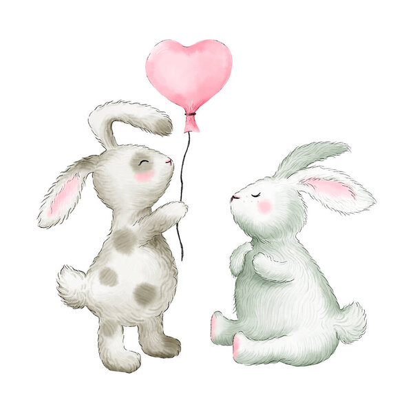 Two rabbits, bunnies with heart balloon. Love you. Love you mom. Valentine's Day card. Illustration.