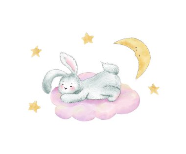 Sevimli bebek tavşancık pembe bulutlar ve gülümseyen ay üzerinde uyuyor. Görüntü.