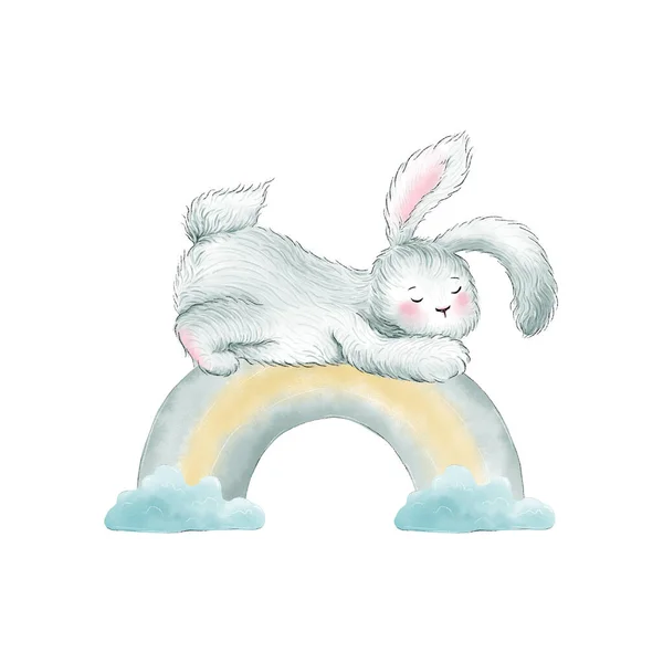 可爱的小兔子 兔子睡在彩虹上 说明1 — 图库照片