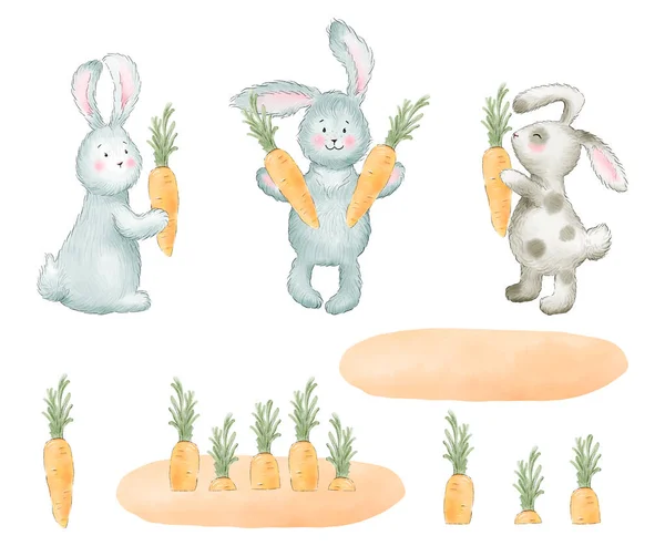 白地にウサギとニンジンを手描き イラスト — ストック写真