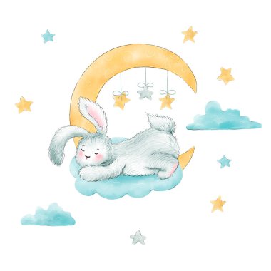Tavşan bulut ve hilal üzerinde uyuyor. Görüntü.