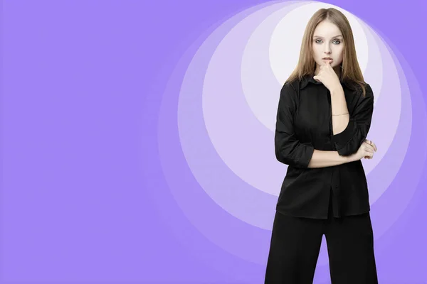 Girl Black Suit Posing Thoughtfully Purple Background — Φωτογραφία Αρχείου