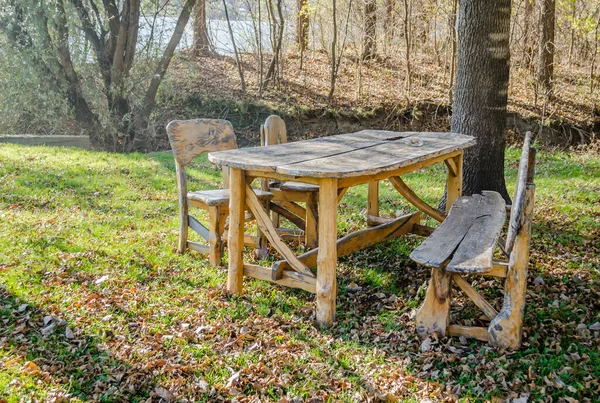 ノヴィ サド市近郊のドナウ河岸の木製のテーブルと椅子 — ストック写真
