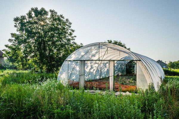 Private greenhouse in the suburbs of Petrovaradin, Novi Sad, Serbia. A new greenhouse under the blue sky in the spring morning hours.