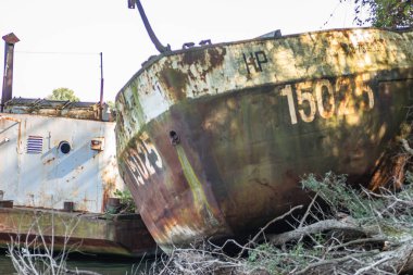 Novi Sad 'daki Tuna Nehri kıyısında terk edilmiş eski bir tanker enkazı bulundu..