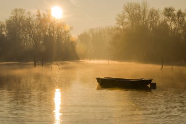 Sırbistan 'ın Novi Sad kenti yakınlarındaki Tuna Nehri' nin kolunda unutulmuş bir balıkçı teknesi.