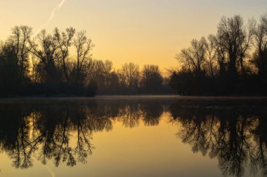 Novi Sad, Sırbistan - Aralık 04. 2013: Sırbistan 'ın Novi Sad kenti yakınlarındaki Tuna Nehri' nin kolları üzerinde gün batımı