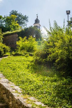 Novi Sad 'daki Tuna Nehri' nin yanındaki Petrovaradin Kale Saati 'nin manzarası.