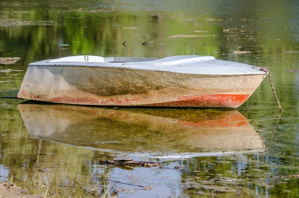 Пришвартованная Пластиковая Лодка Воде Болоте — стоковое фото