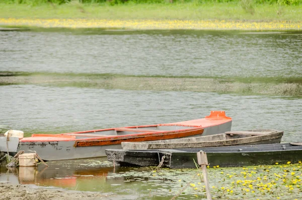 Wooden Fishing Boats Pond Kovilj Moored Shore — Stok fotoğraf