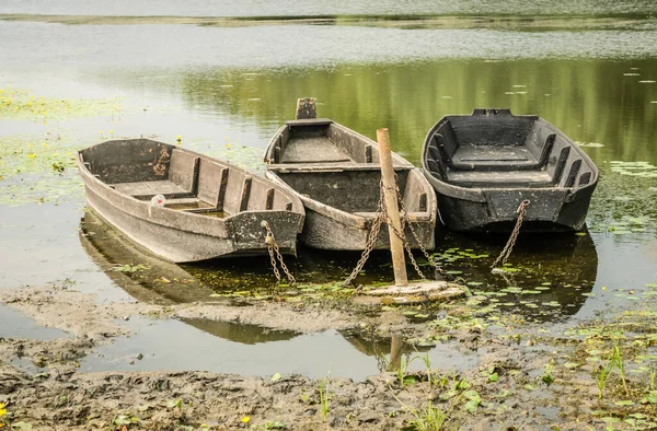 Wooden Fishing Boats Pond Kovilj Moored Shore — Stok fotoğraf